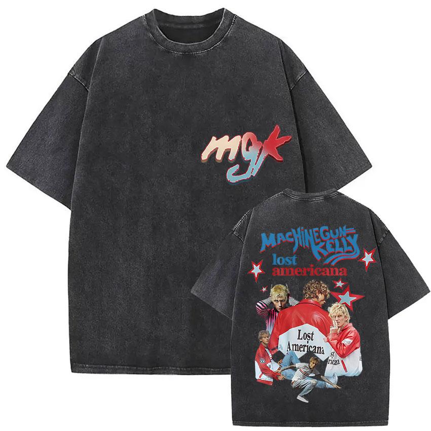 Vintage Washed MGK Lost Americana Tour  Print Tshirt Men Women Harajuku High Quality Fashion Oversized  T Shirts