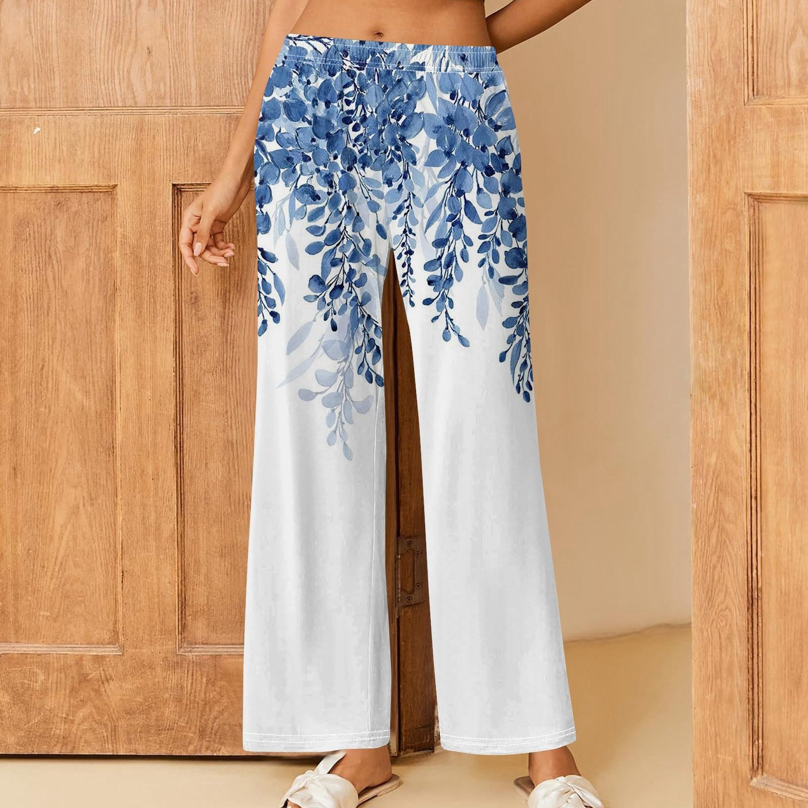 

Женские повседневные брюки прямого кроя с эластичным поясом и принтом L синий