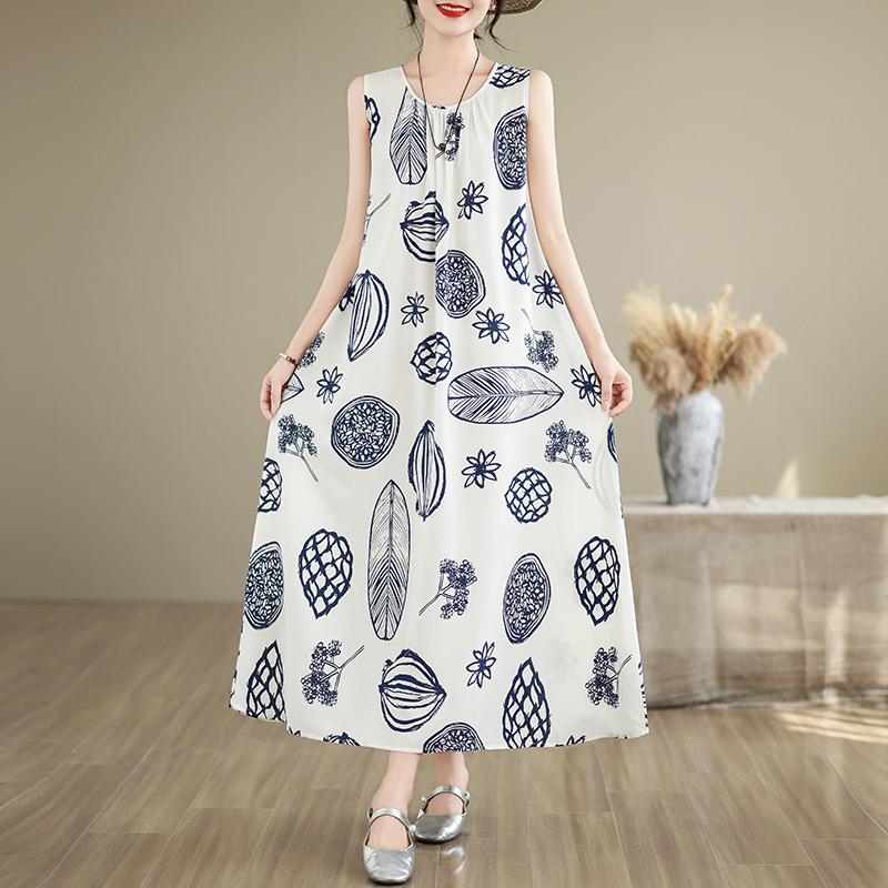 Elegant Women's Summer Dress Loose Sleeveless Plus Size Casual Long Dresses Vintage Clothes