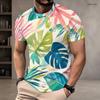 Men Plus Size Round Neck Short Sleeve Blue Yellow Tropical Leaf Printed T Shirt