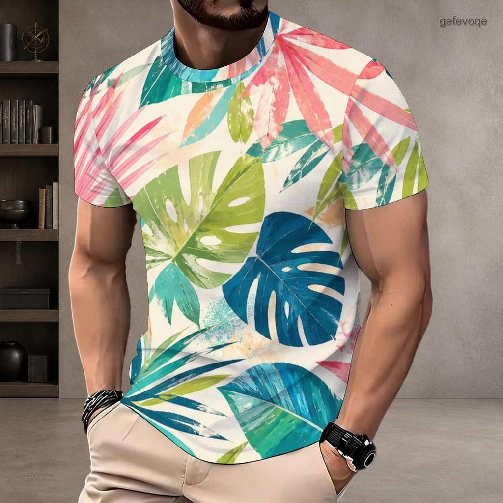 Men Plus Size Round Neck Short Sleeve Blue Yellow Tropical Leaf Printed T Shirt