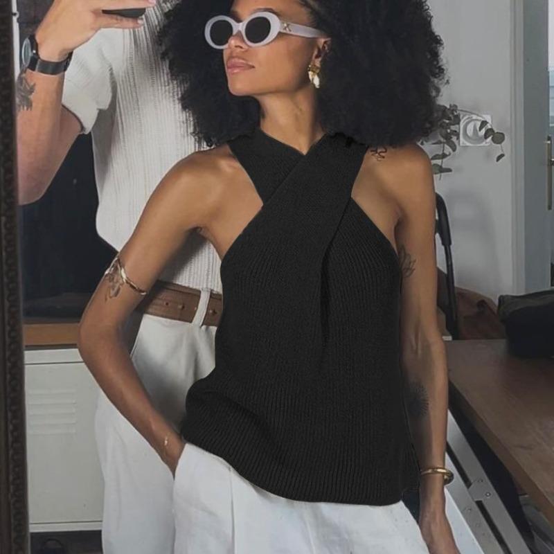 VEZFAA Women's Fashion Casual Summer Spring Solid Color Print Sleeveless Hanging Neck Sweaters