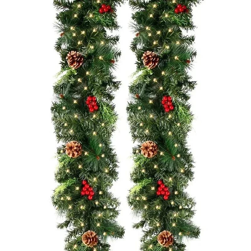 Christmas LED Rattan Garland Decorative Green Christmas Garland Artificial Xmas Tree Rattan Banner Decoration Wreath Ornaments