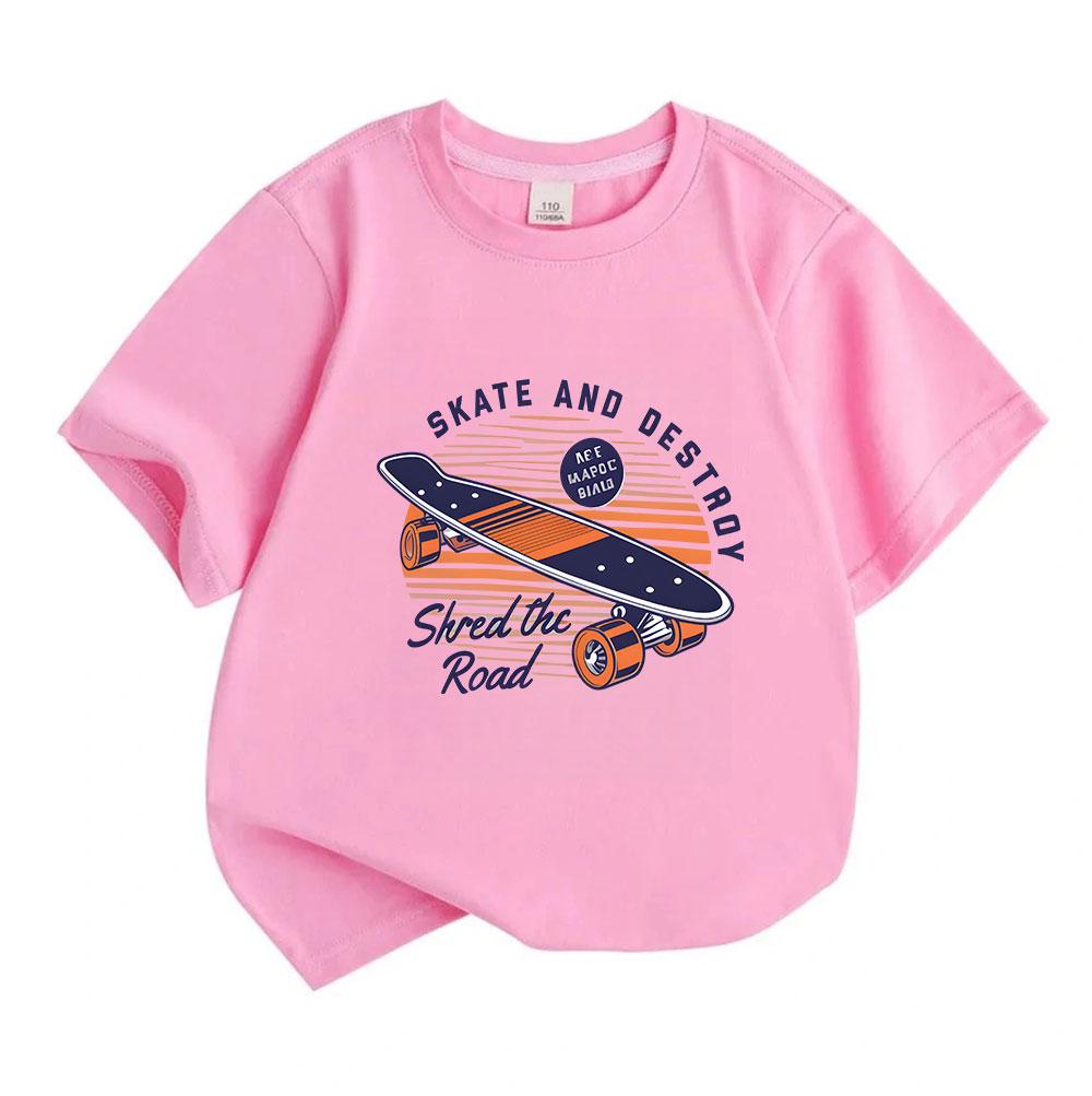 Kids Boys Girls 100% Cotton Crew Neck Short Sleeve T-Shirt, Retro Skateboard Skate And Destroy Shred The Road Print Casual Tee For Children Daily Wear