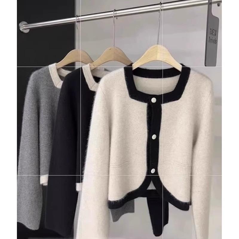 Contrast Color Square Neck Raccoon Velvet Knitted Cardigan Women's Autumn and Winter Short Cashmere Sweater Jacket Outside