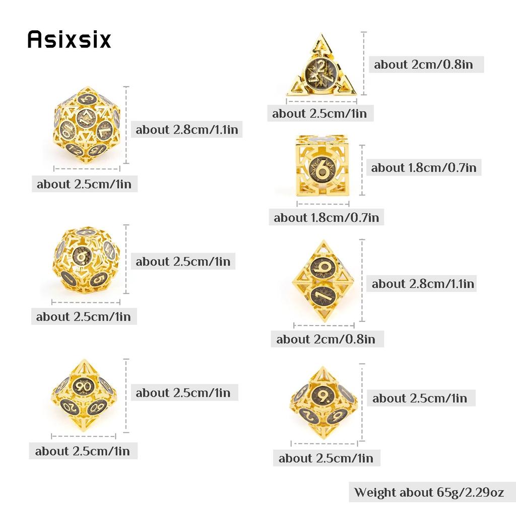 7-teiliges goldenes schwarzes Metallwürfel-Set mit kreisförmigen, hohlen Metallwürfeln, geeignet für Rollenspiele, RPG-Brettspiele, Kartenspiele