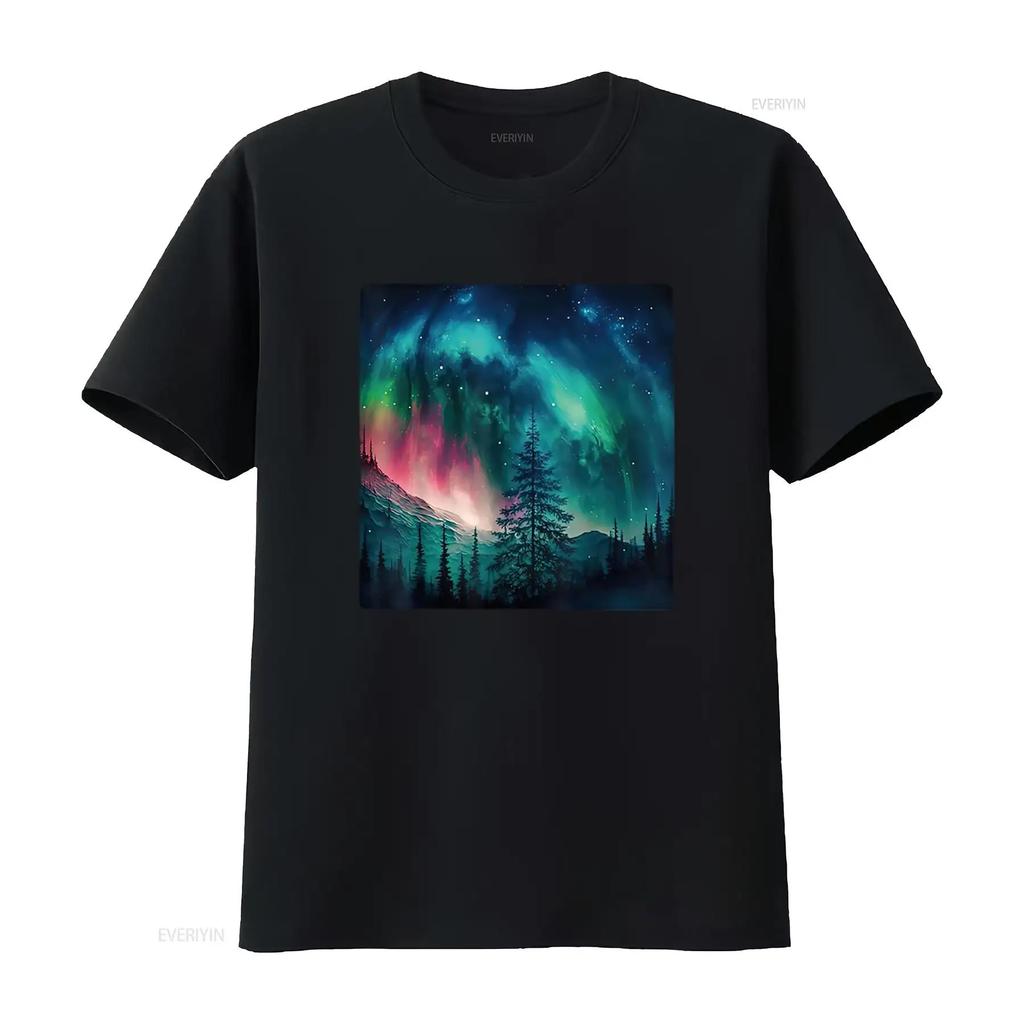 Womens Alaska Northern Lights in the Forest T Shirt vintage Washed Slightly fashion Top For Everyday Wear Versatile homme