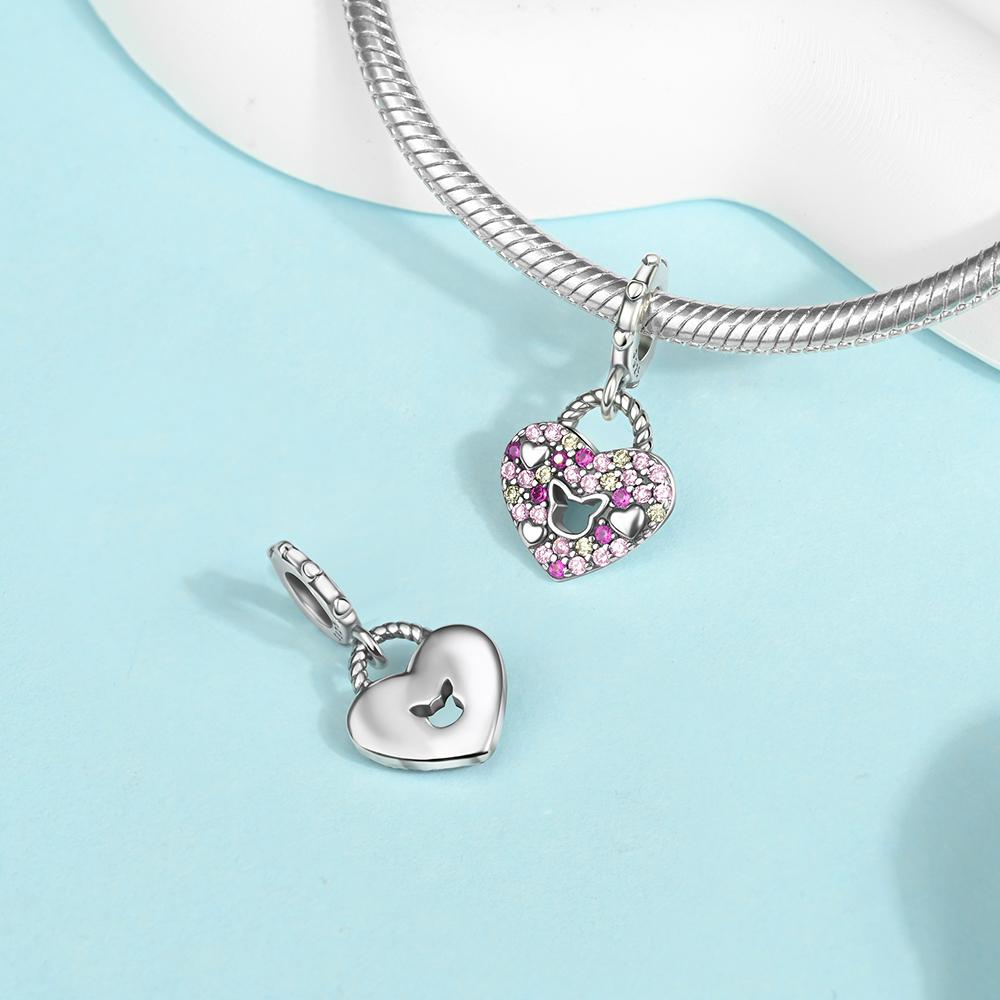 Copper Pink Openwork Kitten Zircon Heart Lock Pendants Charms Fits Genuine Charms Bracelet Women DoItYourself Jewellery Gifts