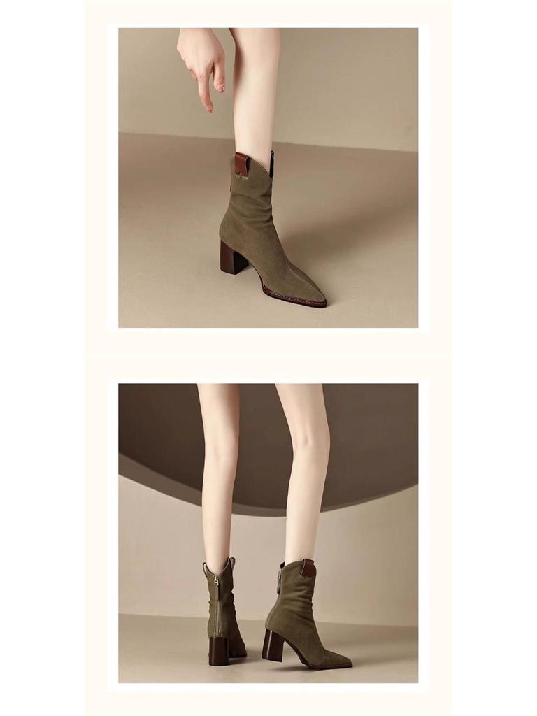 Women's Black Suede Pointed Toe Chunky Heel Ankle Boots with Back Zipper - Versatile Autumn/Winter Western Style.