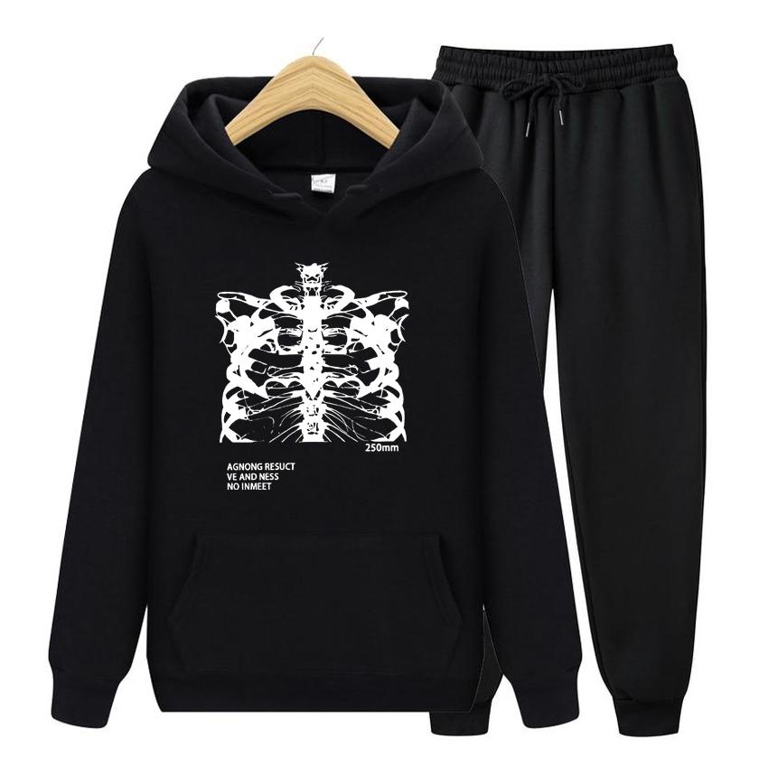 Women Long Sleeve Hoodie Set Pocket Long Sleeve Streetwear Blsack Skeleton Print Grunge Gothic Oversized Hoodie