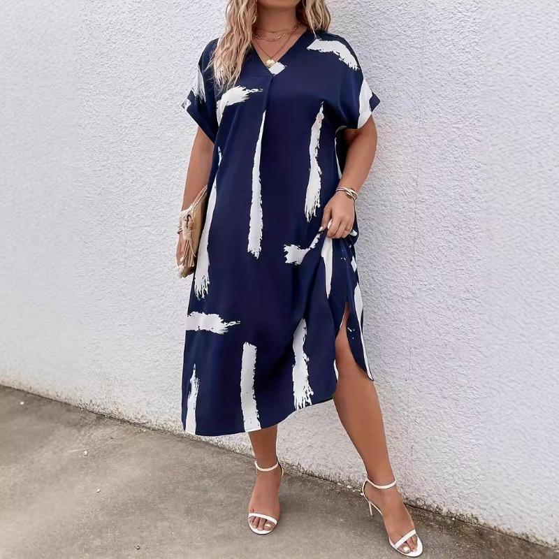 Women's V-neck Short Sleeve Print Loose Dress