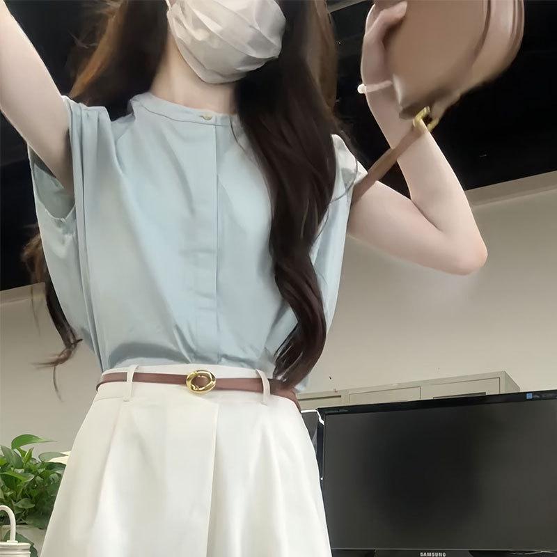 Light Blue Loose Sleeveless French Style Casual Open Front Shirt For Women S синий