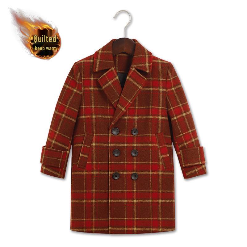 Boys' Wool Blend Plaid Overcoat with Suit Collar - Quilted, Warm, Mid-Length Trench for Autumn/Winter