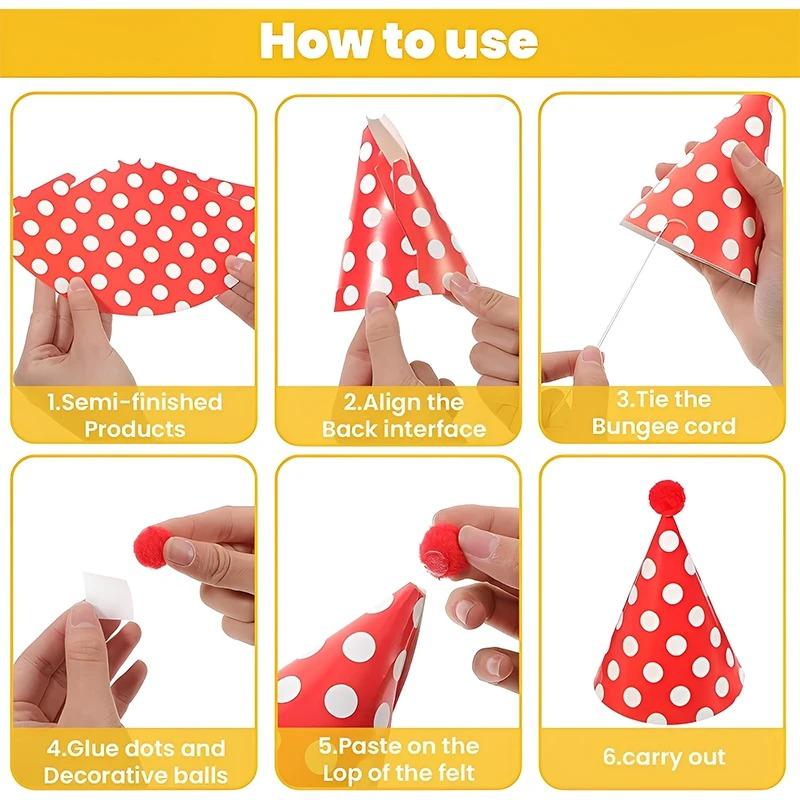 11PCS Hats Paper Cone Birthday Party Hats Polka Dot DIY Handmade Kids Birthday Party Photo Props With Ball Crown Design