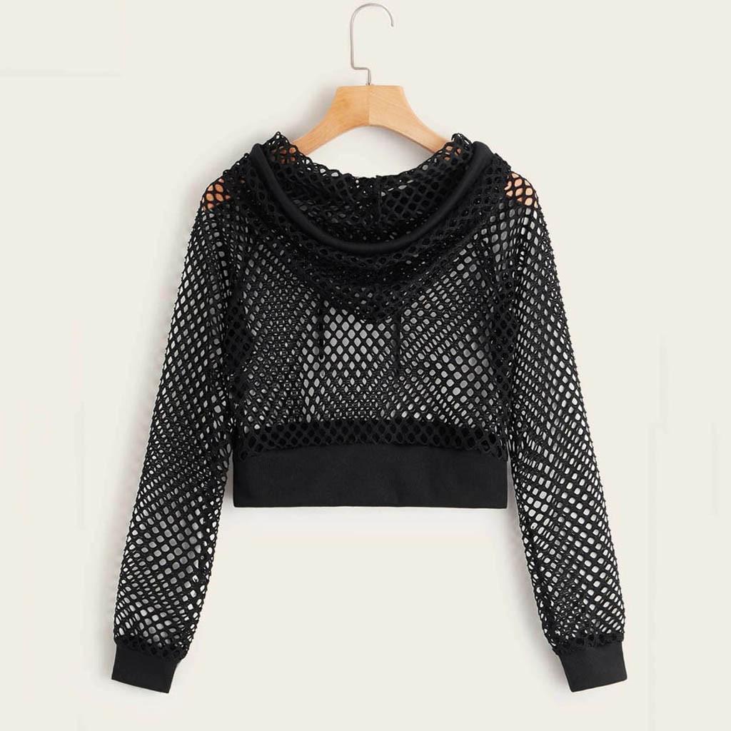 Women Solid Cutout Mesh Insert Cropped Hoodie Sweatshirt Long Sleeve Crop  Top