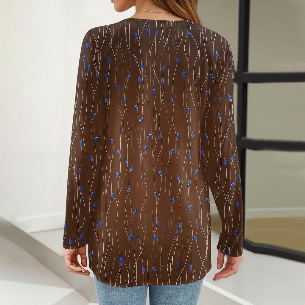 Women's Fashion Casual Long Sleeve Print Round Neck Pullover Top Blouse