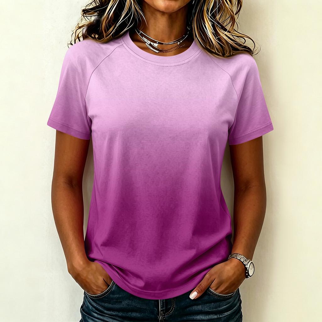 Damen Casual Raglanärmel Rundhals Kurzarm T-Shirt Farbverlauf Druck Leichtes Sommer Oberteil