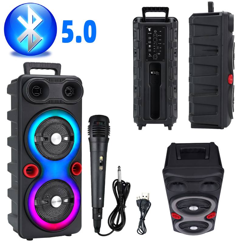 Outdoor Portable Speaker BT 5.0 6.5 Inch Dual Stereo Subwoofer RGB LED Party Sound Box with Mic FM Radio Heavy Bass DJ System