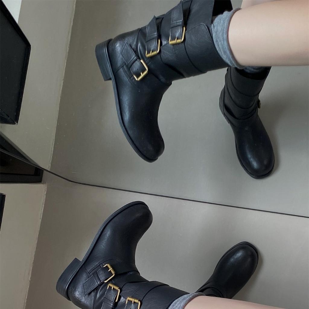 Coarse heel retro suede with skirt short boots Martin boots women's shoes 2025 spring and autumn single boots slim medium tube knight boots