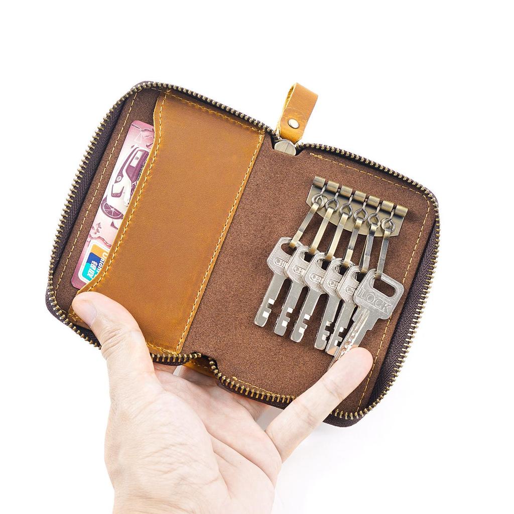 Crazy Horse Leather Car Key Holder - Top Layer Cowhide, Zipper Closure, Anti-Lost Hook, Convenient Design