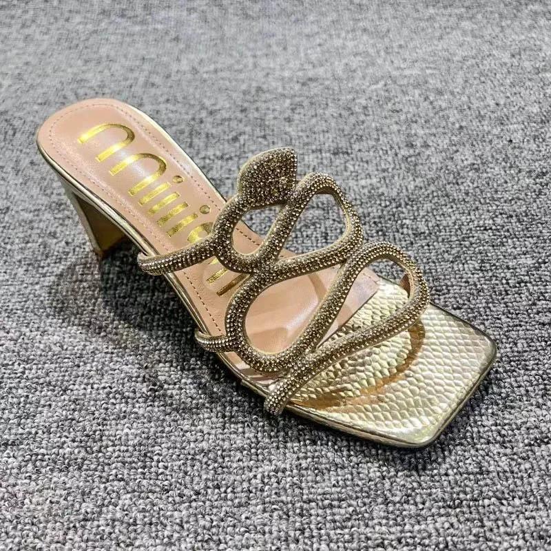 Fashion Rhinestone Slippers Summer  Hollow Out Square Heels Sandals Sexy Christmas Party Shoes Plus Size Square Toe Women's Shoes