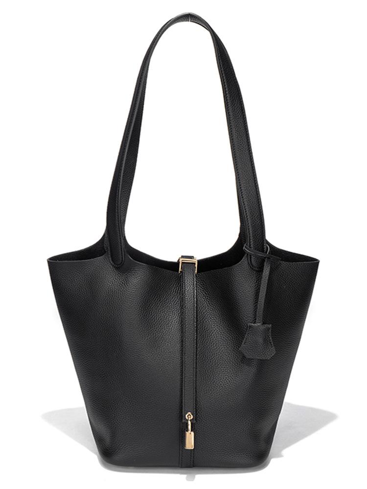 Extra Large Genuine Leather Single Shoulder Market Basket Bag - Top Layer Cowhide Exquisite Women's Handheld Bucket Bag