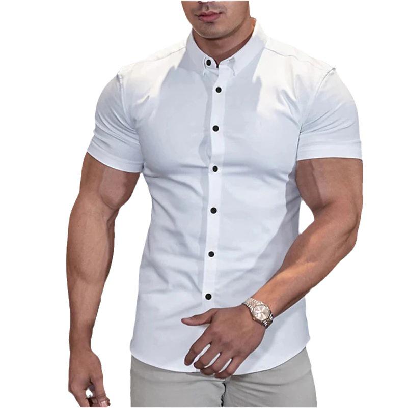 Men's Slim Fit Solid Color Short Sleeve Cardigan Shirt - Casual European and American Teen Style