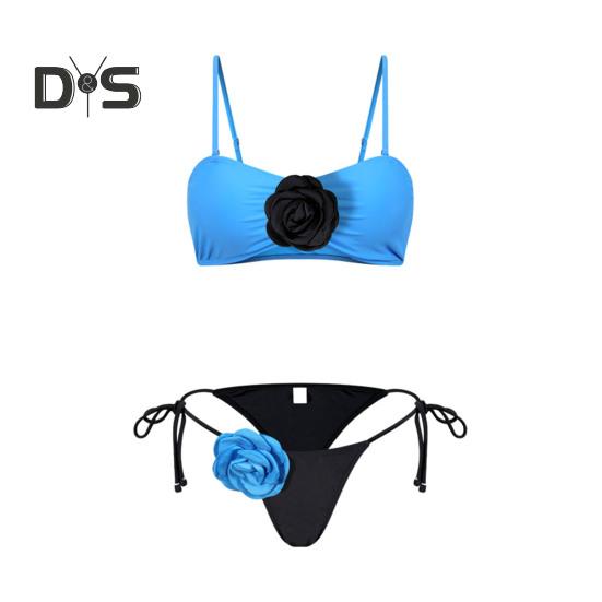

2 шт./комплект женский комплект бикини с цветочным декором бюстгальтер на шнуровке трусы комплект трехмерные цветы регулируемые бретели купальник S синий