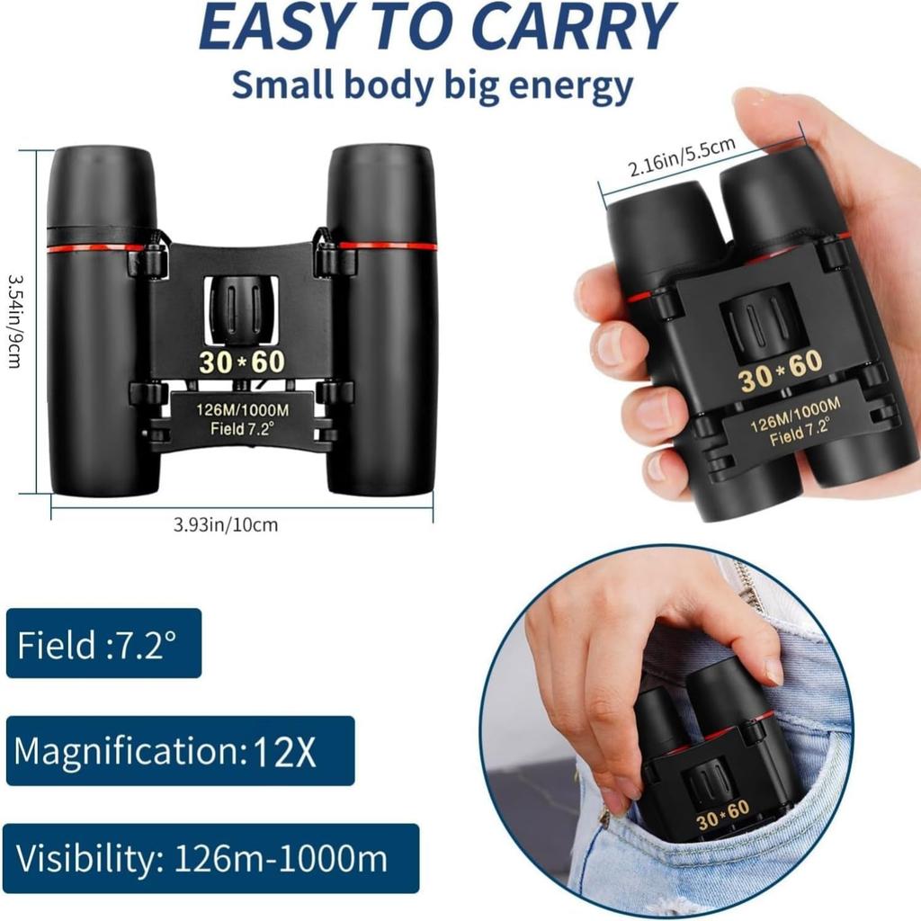 Portable Mini Binoculars,30x60 Zoom Wide View Angle Folding Binoculars Telescope with Low Light Night Vision for Outdoor,Bird