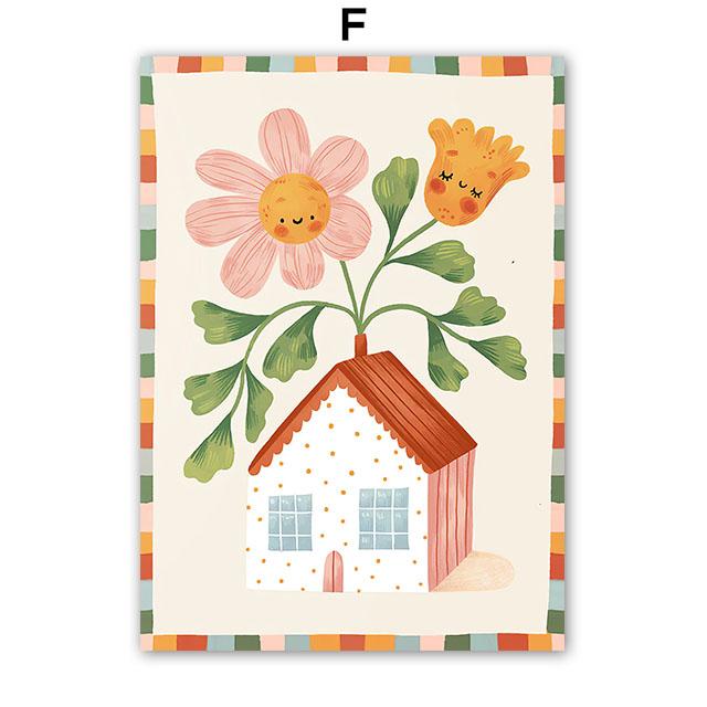 Colorful Bear Rabbit Cat Mouse Flower Leaf Abstract Animal Posters Prints Wall Art Canvas Painting Pictures Baby Kids Room Decor