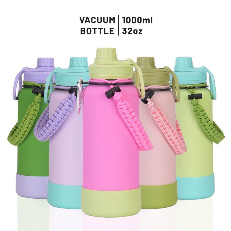 2025 New Cross-Border 1L Large-Capacity Thermos Cup with Non-Slip Bottom, Portable Handle, Outdoor Sports Multi-Color Water Bottle