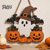 Halloween Party Decor Wooden Ghost Welcome Sign for Front Door, Rustic Cartoon Hanging Pumpkin Supplies Plaque with Wizard Hat And Broom Holiday Wall