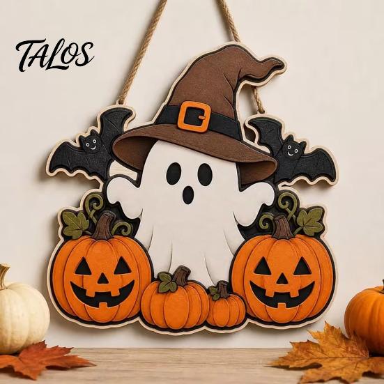 Halloween Party Decor Wooden Ghost Welcome Sign for Front Door, Rustic Cartoon Hanging Pumpkin Supplies Plaque with Wizard Hat And Broom Holiday Wall