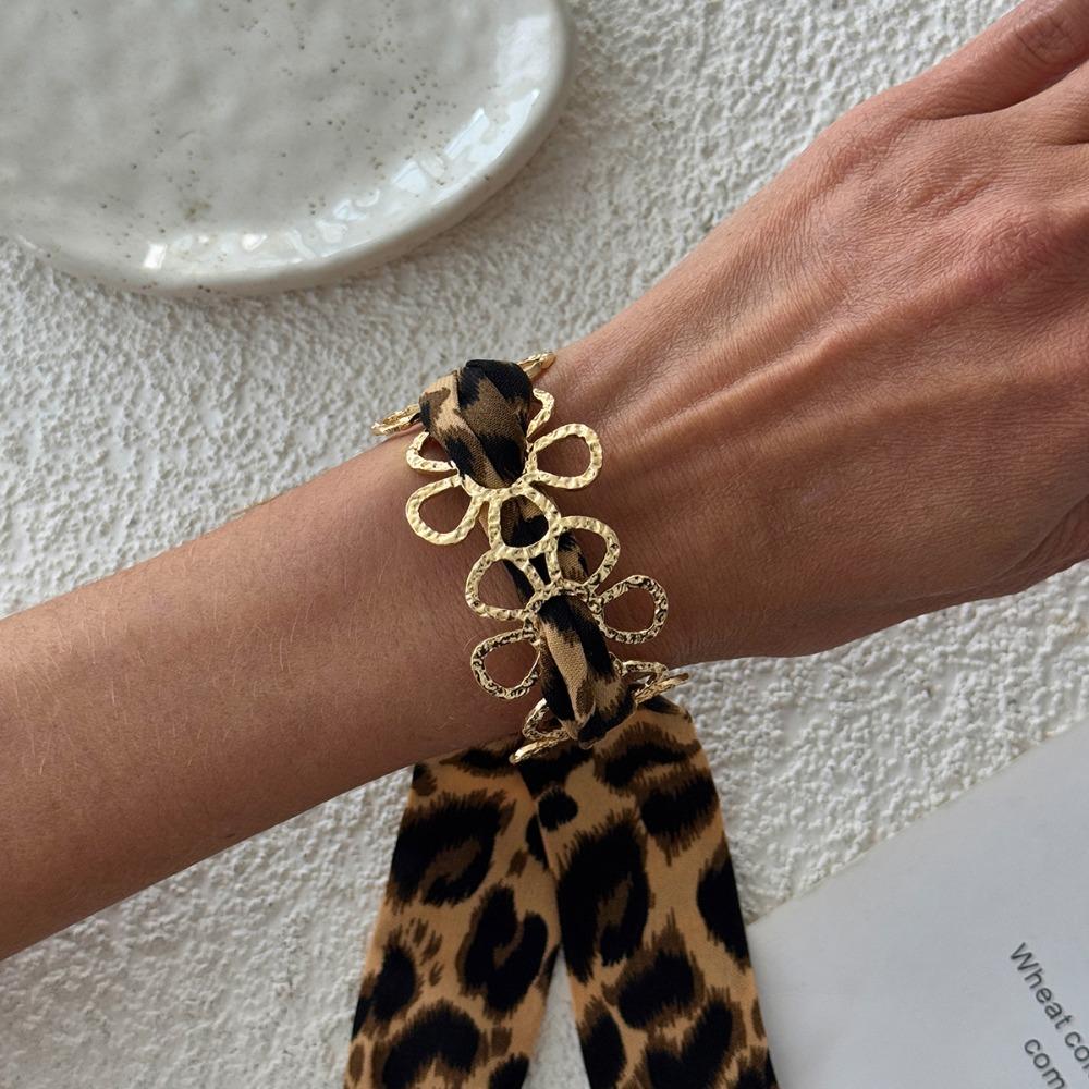 Ribbon-Wrapped Metal Wide Bracelet Leopard Print Ethnic Style Wristband  Women Style 3