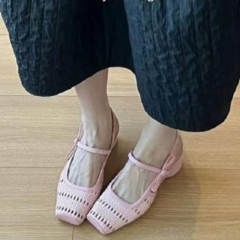 

Fashion French Retro Ballet Single-shoe Women s Fashionable Woven Breathable One-line Sandals with Bows and Thick Heels 40 розовый