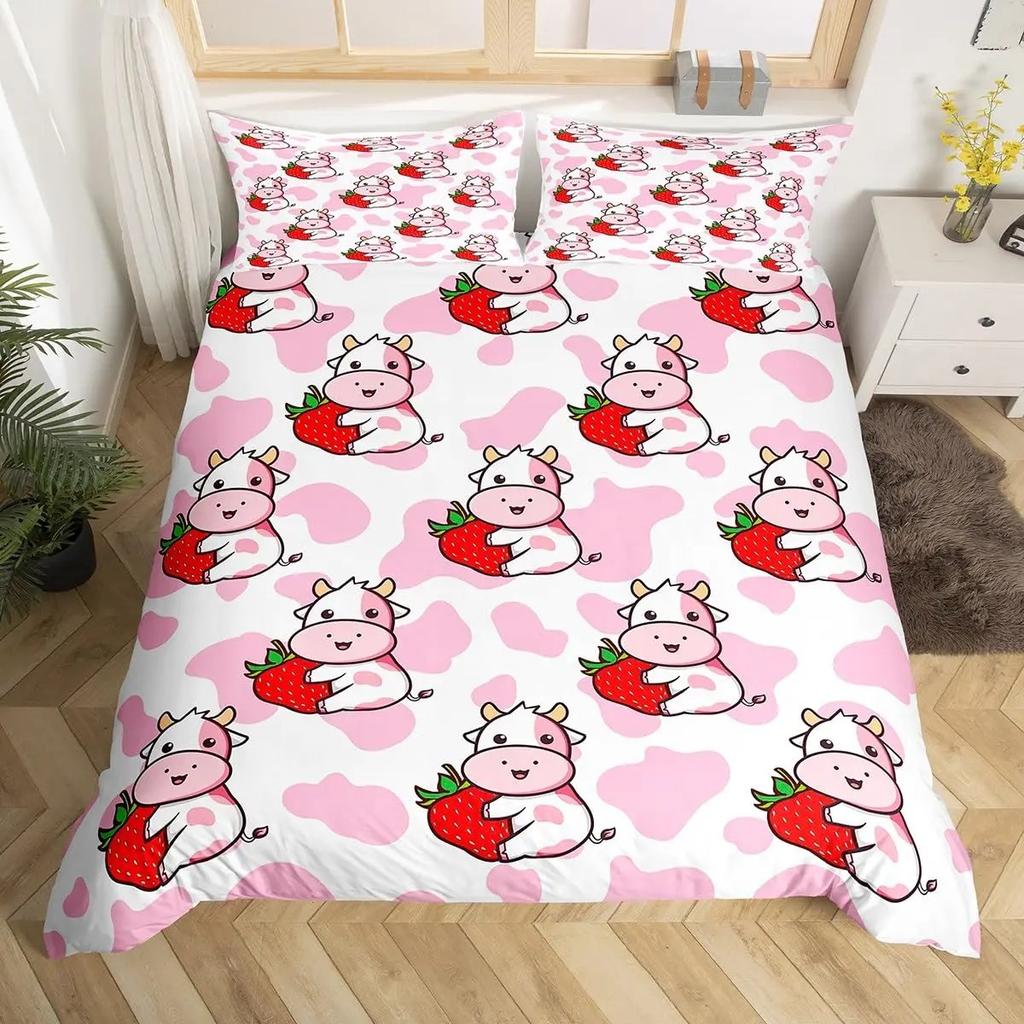 Sweet Strawberry Milk Duvet Cover King Queen Cute Bear Bedding Set Cartoon Fruits Animals Comforter Cover with 2 Pillowcases