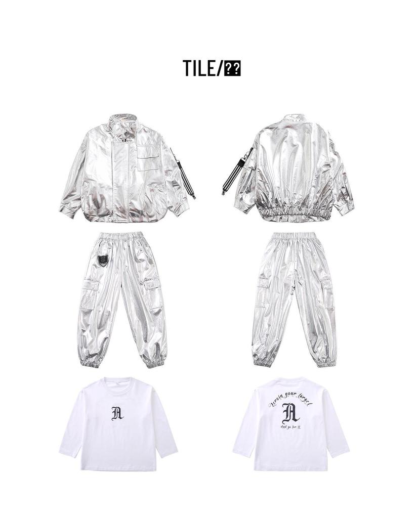 Children's Shiny Silver Leather Hip Hop Set for Stage Shows and Street Dance Performances.