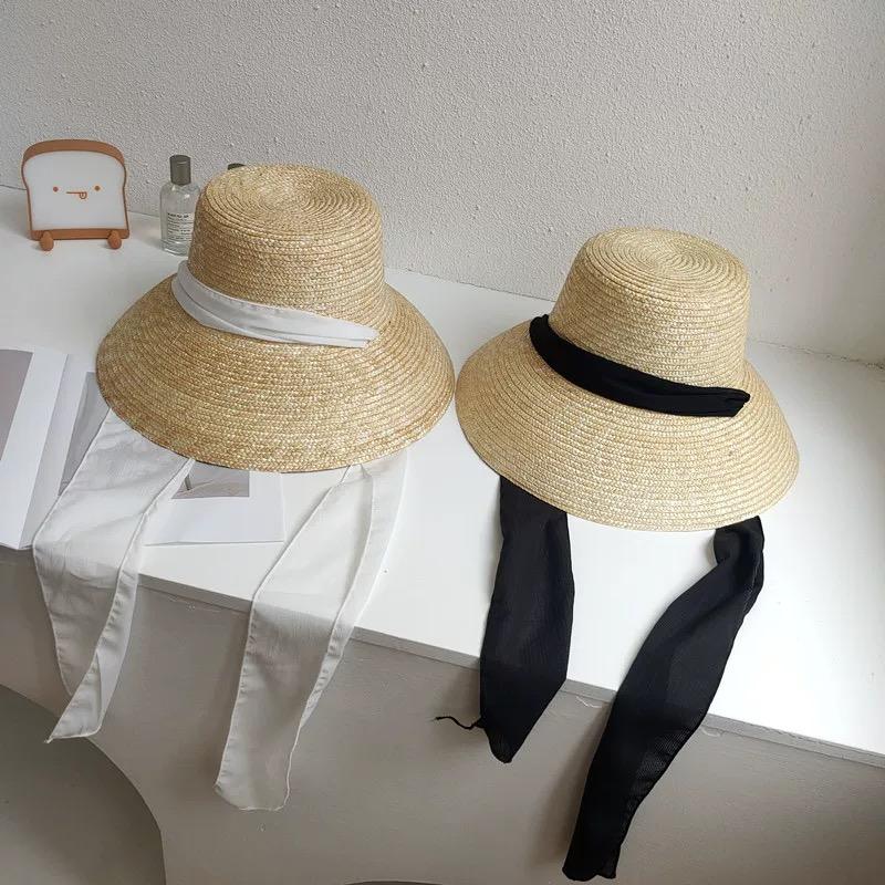 2025 Summer New French Strap Natural Wheat Straw Hat for Women Seaside Vacation Big Eaves Sunshade Sun Hat Female Modeling Hat