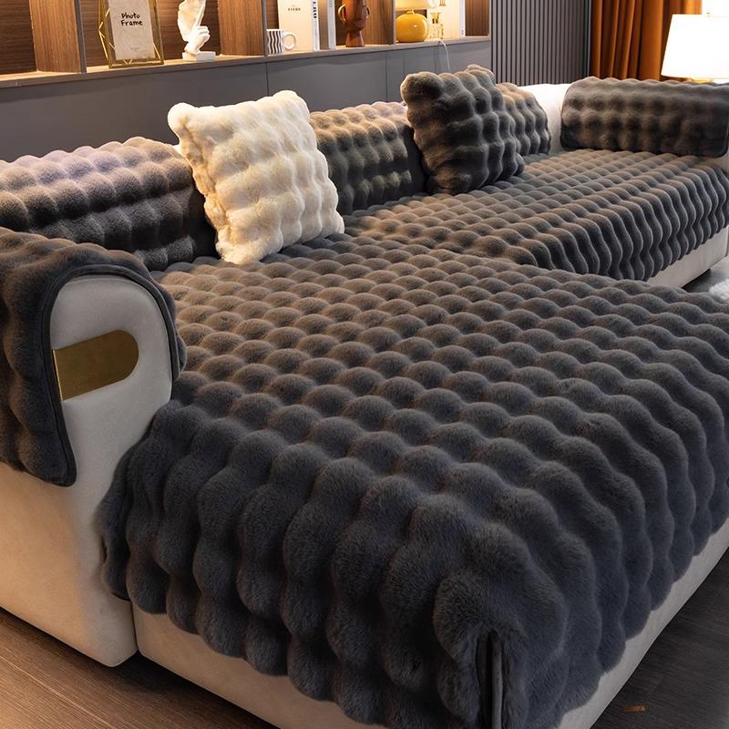 Non-Slip Rabbit Plush Winter Sofa Cushion & Tatami Blanket