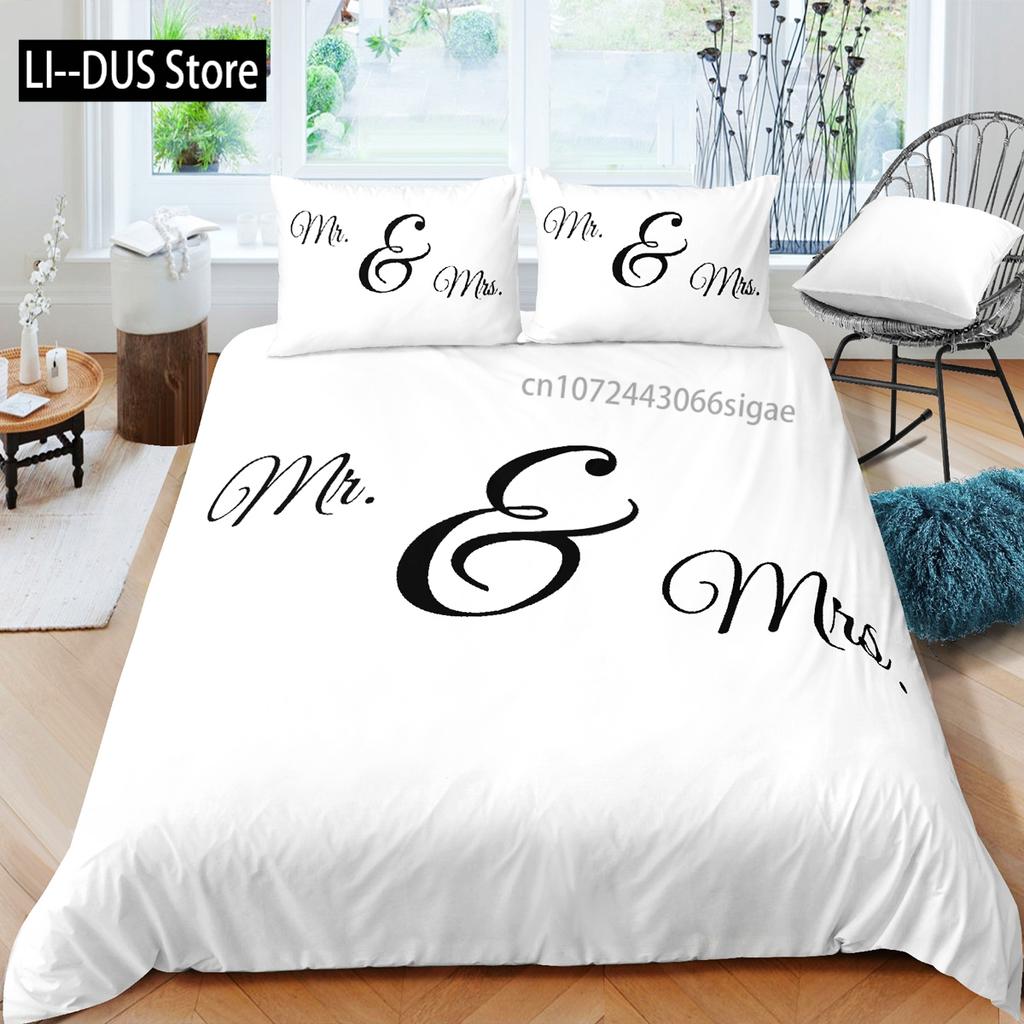 Herr und Frau Bettbezug-Set Queen-Size Schnurrbart Rote Lippen Paar Romantisches Thema Bettdeckenbezug für Liebhaber Mikrofaser Bettwäscheset