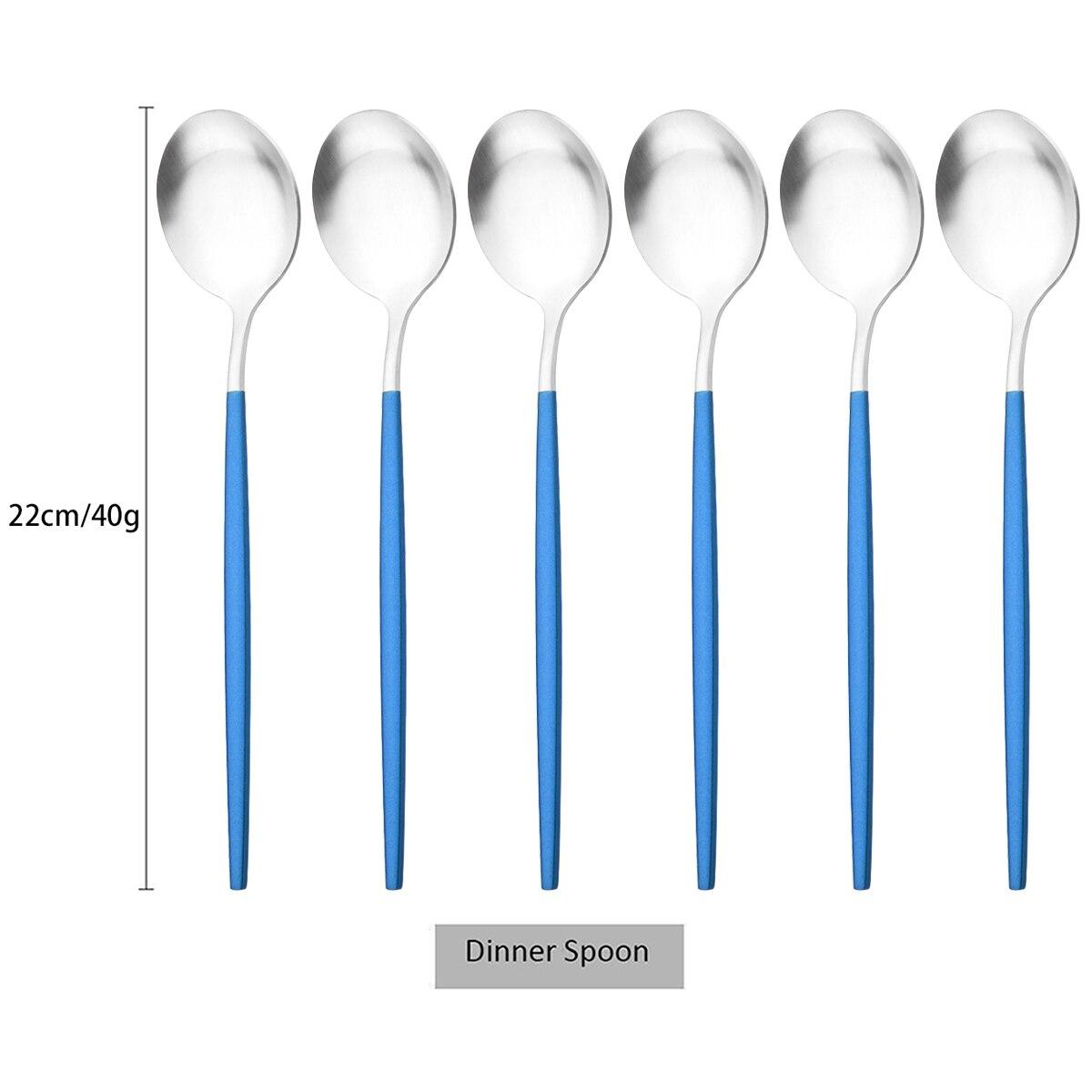 

6Pcs/Set Набір обідніх ложок із чорного золота Матовий столовий посуд із нержавіючої сталі Вестерн Столові прилади Десертна ложка Посуд для вечірки Кухонний набір столового срібла синій/срібний