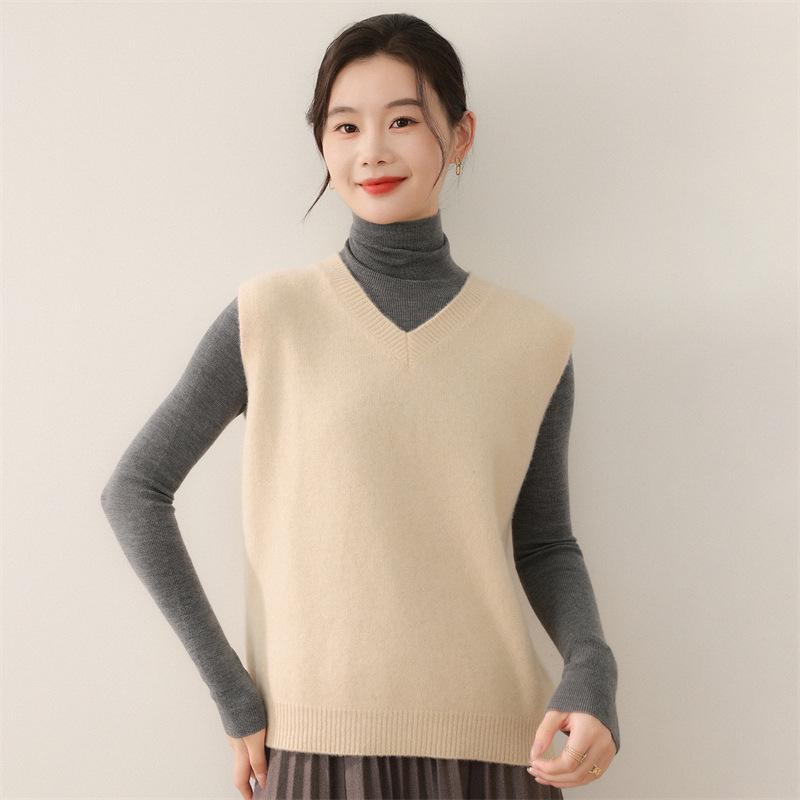 2025 A/W Women's V-Neck Cashmere Shawl Vest - Sleeveless Knit Outerwear for Layering