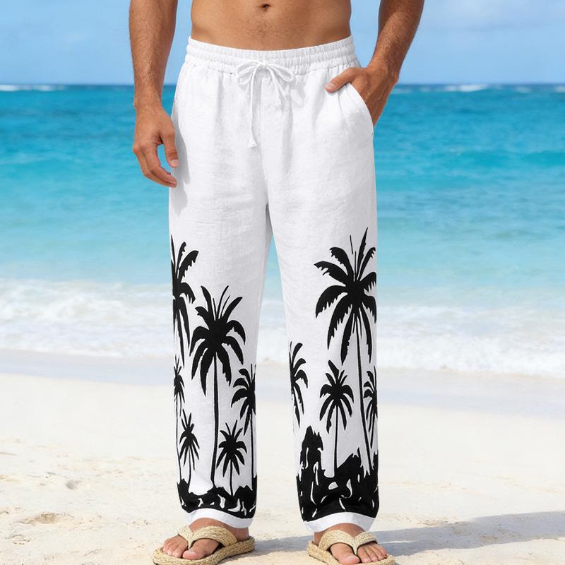 Four Seasons Men's Relaxed Fit Beach Resort Casual Printed Straight-Leg Linen Trousers