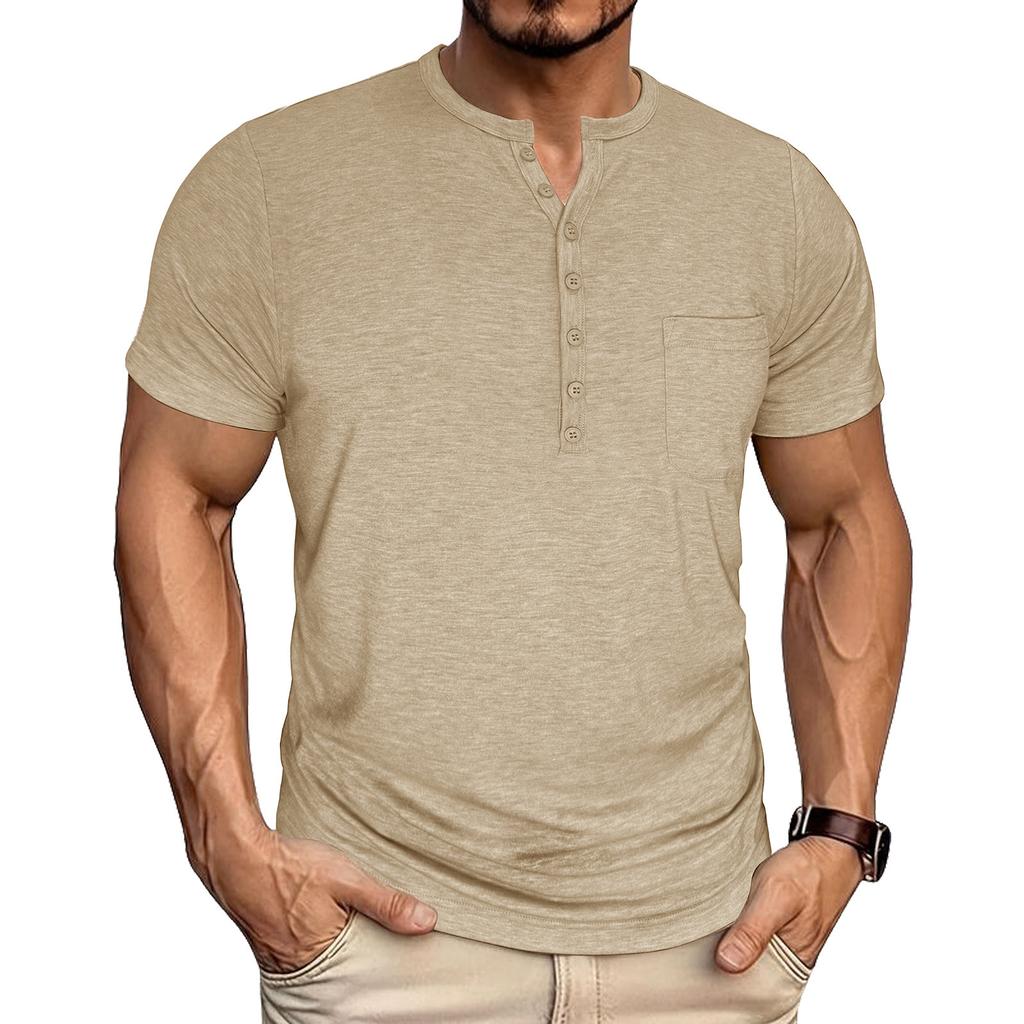 Men Henley Neck Short Sleeve T Shirt with Button Pocket Casual Stretchy Summer Basic Top for Everyday Wear