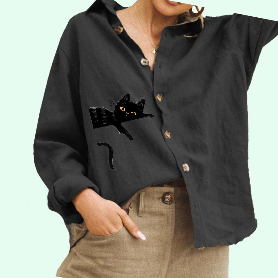 

Женская мода отложной воротник рубашка повседневный кошачий принт хлопок льняной топ женская блузка на пуговицах S чёрный