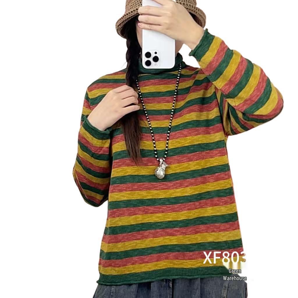 Retro Striped Turtleneck Sweater: Women's Slimming Knitwear for Autumn & Winter