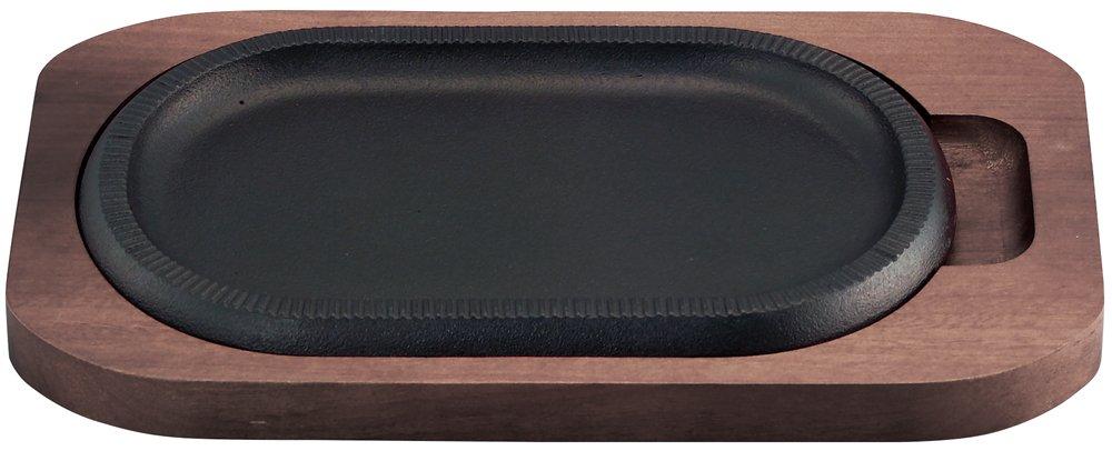 Ikenaga Iron Works New Line L Steak Plate, Cast Iron, Induction Compatible, with Wooden Base, Made in Japan, P02001