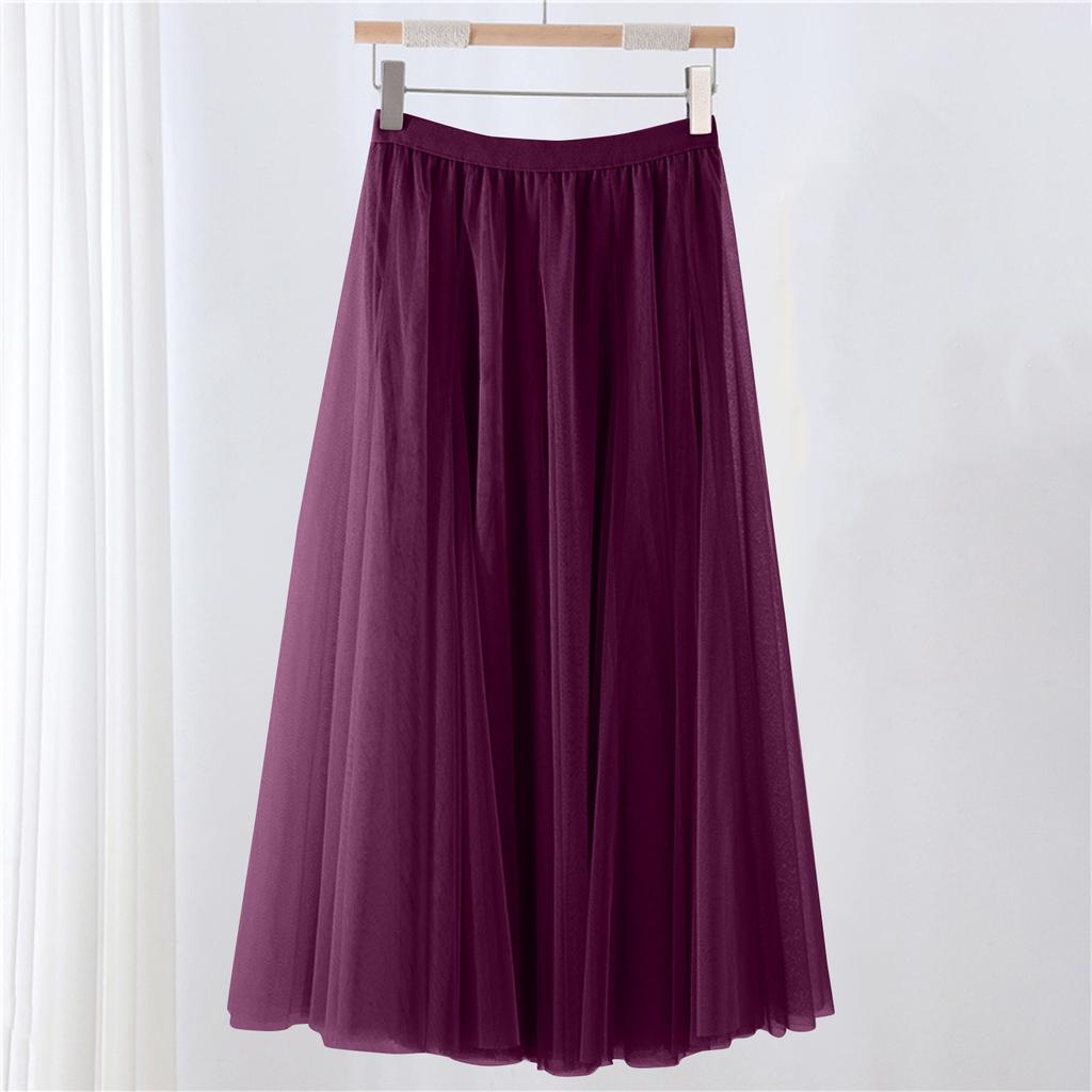 Women's Solid Color Mesh Skirt With Elastic Band Large Swing Mid Length Skirt