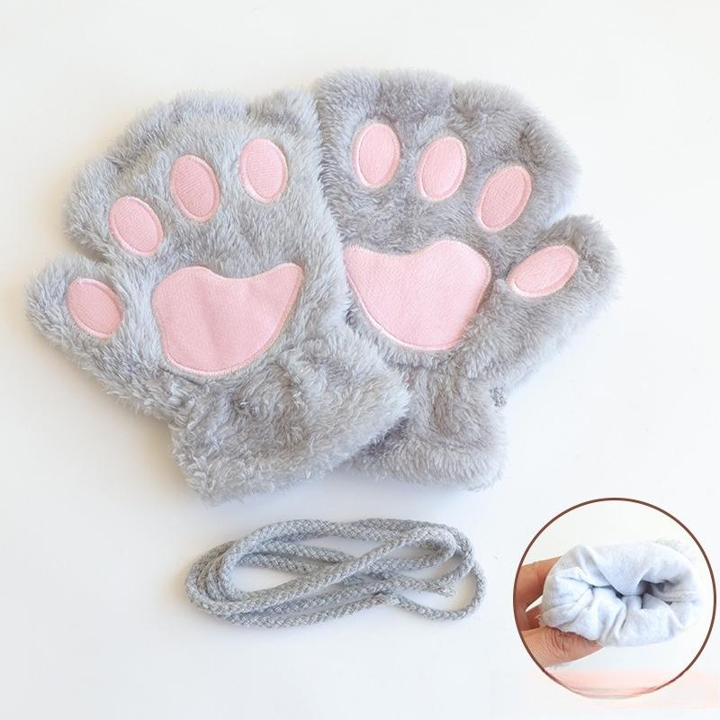 Gants patte de chat dames hiver coréen filles mignonnes sans doigts épais chaud patte d'ours en peluche demi-doigt gants