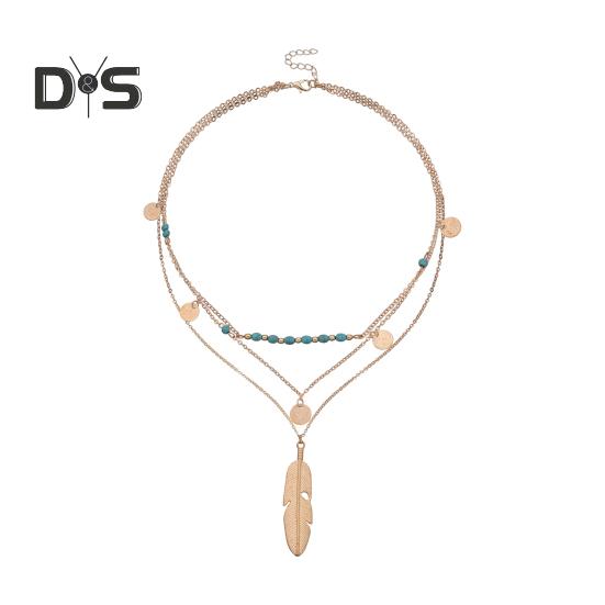 

Многослойное длинное ожерелье для женщин, ожерелье с бирюзовым камнем и блестками, ожерелье из перьев и бисера, цепочка для свитера, модные бижутерия, подарки золотистый